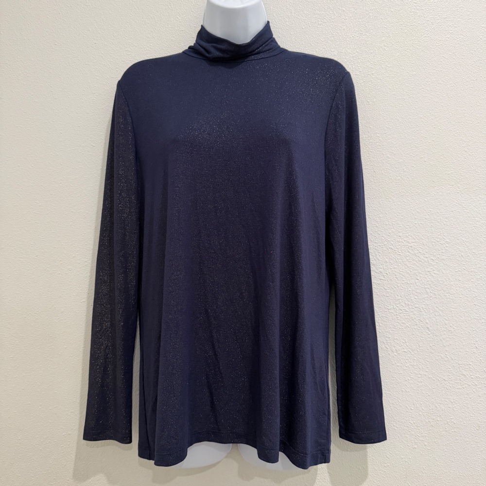 NEW J. McLaughlin Nora Top Navy Blue Shimmer Mock Neck Long Sleeve NWT Large - Picture 1 of 6